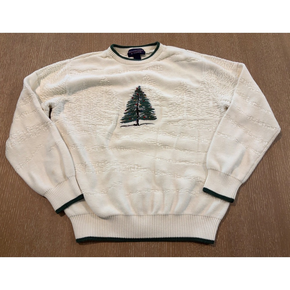Roundtree & Yorke Men's L Cream Cotton Christmas Tree Embroidered Sweater